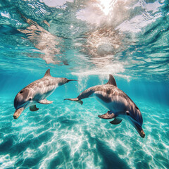 Obraz premium Playful dolphins leaping through crystal-clear turquoise waters, sunlight reflecting off their sleek bodies, ultra-detailed textures, cinematic ocean photography, high-resolution wildlife shot 