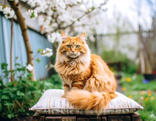 Ginger cat on a garden cushion