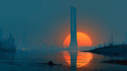 Sunset over the skyline with a prominent tower reflected in the river at dusk in a bustling urban area Generative AI