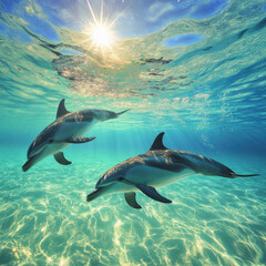 Fototapeta premium Playful dolphins leaping through crystal-clear turquoise waters, sunlight reflecting off their sleek bodies, ultra-detailed textures, cinematic ocean photography, high-resolution wildlife shot 