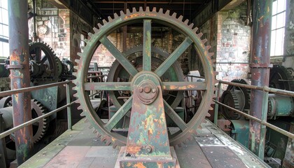 Rusted gears and machinery fill an interior industrial space, showcasing aged metal and intricate mechanisms.