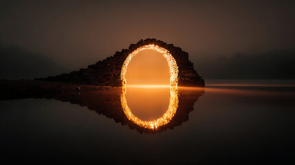 Mysterious stone arch glowing in twilight beside calm waters at dusk Generative AI