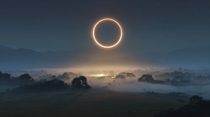 Majestic ring of fire solar eclipse over misty landscape at dawn in the mountains Generative AI
