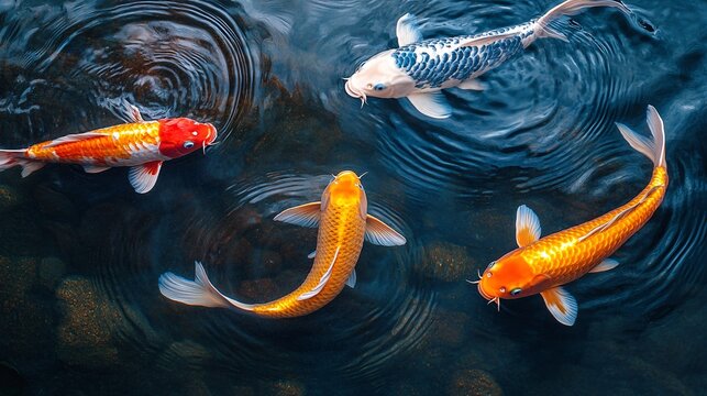 Two elegant golden koi fish swimming in a tranquil blue pond