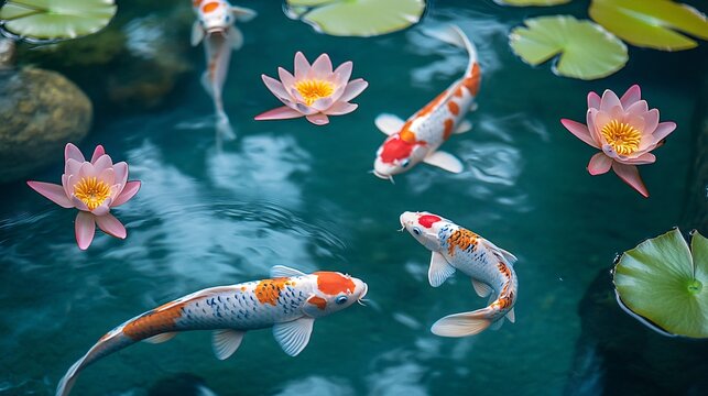 Vibrant Koi carp gracefully swims in a tranquil pond