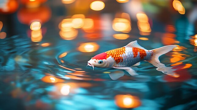 a single koi fish in a calm pond with reflections of Chinese lanterns, bright feng shui inspired palette, rich and vibrant photography background