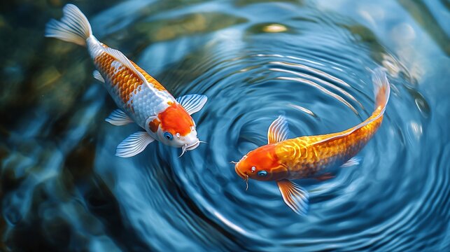 two koi fish in harmony with auspicious water ripples in feng shui style, symbolic Chinese composition, rich and vibrant photography background