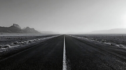 Ending stretches of a deserted highway in a monochrome landscape at dawn with mountains in the background Generative AI