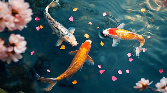 three koi chasing each other in a peaceful pond with floating petals, bright feng shui inspired palette, rich and vibrant photography background