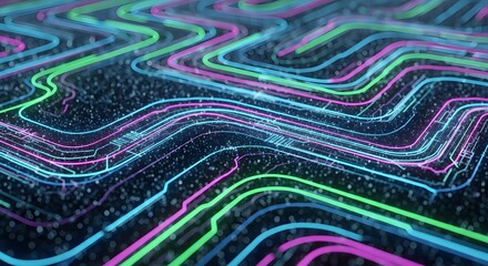 Abstract digital circuit board with glowing neon lines representing data flow