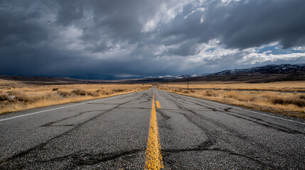 Wide open road stretching through a barren landscape under a dramatic sky filled with dark clouds Generative AI