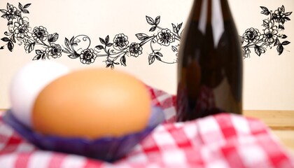 A decorative floral border complements a still life composition of eggs and a bottle.