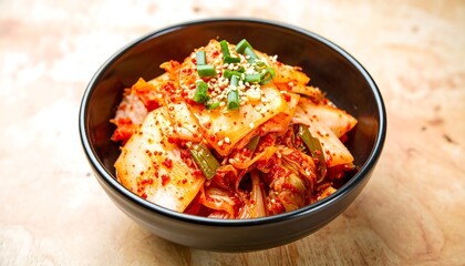 Spicy kimchi, a vibrant fermented cabbage dish, is presented in a dark bowl, garnished with sesame seeds and green onions.