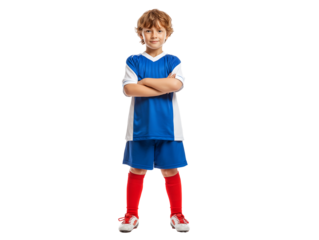 Confident Young Soccer Player in Blue Uniform, Studio Shot
