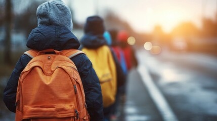 Children Walking to School at Sunrise With Colorful Backpacks in a Quiet Neighborhood