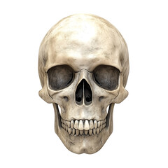 Fototapeta premium Realistic Human Skull, Front View, 3D Render, Anatomy, Bone, Death, Halloween, Medical Illustration, Skeletal System