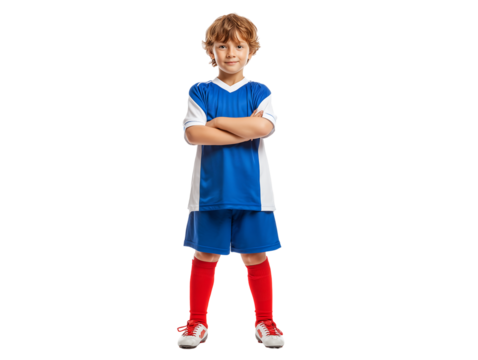 Confident Young Soccer Player in Blue Uniform, Studio Shot