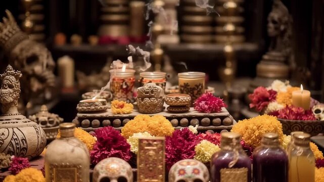 Traditional Mexican Day of the Dead altar with skulls, candles, and colorful offerings. Ancient Aztec rituals meet modern celebration in this vibrant display of remembrance