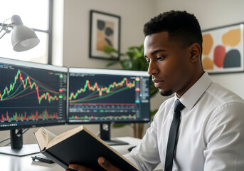 Young man studying finance with stock charts