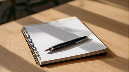 close-up of blank white notebook paired with sleek black pen on smooth light oak meeting table, neutral corporate minimalist composition
