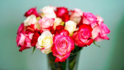 A bouquet of vibrant red and white roses in a vase, showcasing a soft, romantic ambiance.