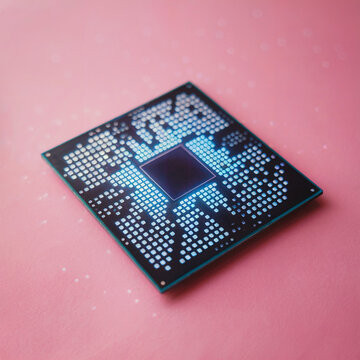 Glowing Processor Schematic with Radial Grid on Pink Background