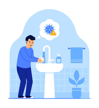 Germaphobe man washing hands in bathroom due to fear of germs. OCD, obsessive compulsive disorder, germophoby, misophobia, anxiety, hygiene, obsession, compulsion concept. Flat vector illustration