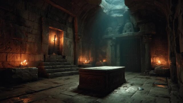 Ancient tomb interior with stone sarcophagus illuminated by torchlight and moonbeam. Mysterious archaeological discovery in underground crypt. Eerie atmosphere for adventure game