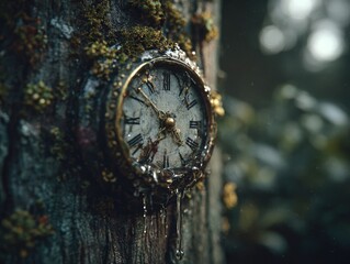 Aged clock clinging to a mossy tree trunk, dripping with water