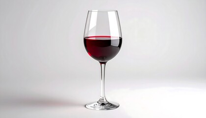 A full glass of ruby-red wine is showcased against a simple, neutral backdrop.