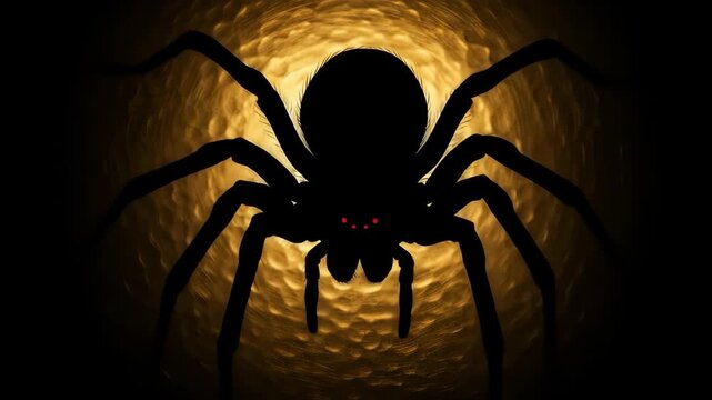 Silhouette of a large, menacing spider with glowing red eyes on a textured, golden background, perfect for Halloween and spooky themes