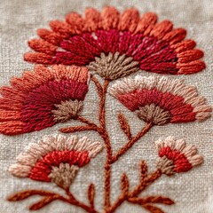 Close-up of intricate floral embroidery on beige linen