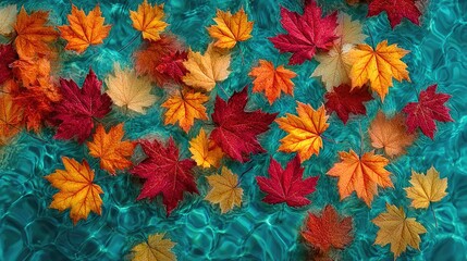 Vibrant autumn leaves on rippled teal water