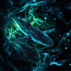 Naklejka premium Shark navigating through bioluminescent waters, glowing plankton surrounding, surreal and mesmerizing composition, cinematic fine art marine photography, ultra-detailed realism 