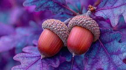 Two vibrant red acorns on a branch, surrounded by deep purple oak leaves