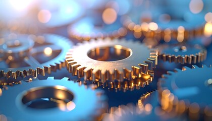 Close-up of golden gears interlocked
