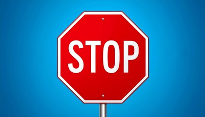 Obraz premium A vivid octagon-shaped stop sign, bold red with white lettering, stands out against a plain, gradient-blue background.