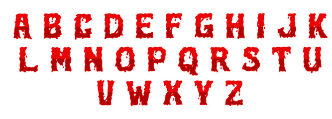 Bloody typography vector alphabet set featuring a horror themed font with realistic dripping blood effects, perfect for use in scary designs, Halloween, and crime scene posters or banners.