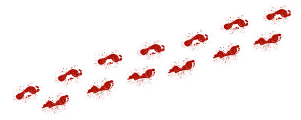 Bloody footprint vector set featuring a series of red shoe prints with splatters and drips, ideal for use in horror, Halloween, or a thrilling crime scene investigation design