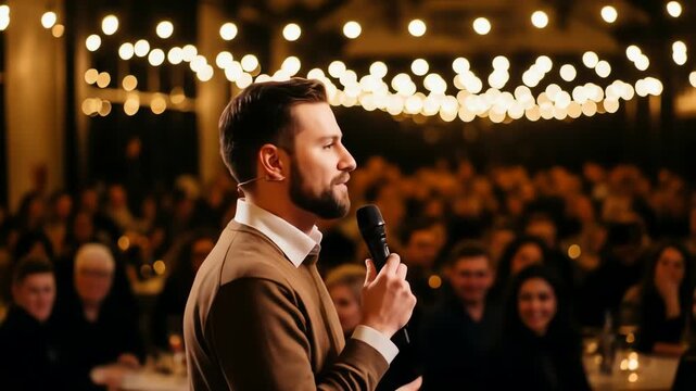 Person Giving Speech At Evening Event With Warm Lighting