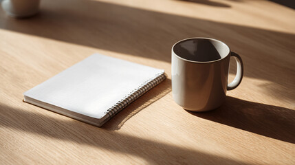 clean meeting table with blank notepad and simple matte ceramic cup, light wooden surface, modern corporate minimalism