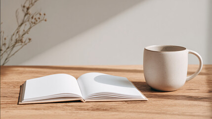 Clean close-up composition of blank white notebook with neutral matte ceramic cup on sleek wooden table, minimalist business