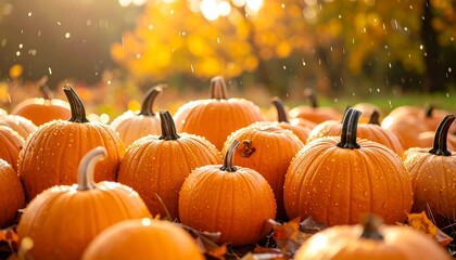 Autumn pumpkins with fall harvest field.
