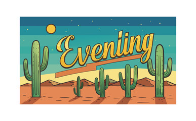 A vintage-style illustration of a desert scene at dusk.