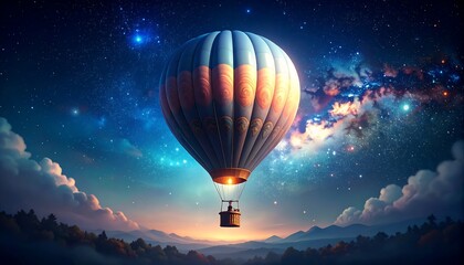 A magnificent hot air balloon soars through a night sky filled with stars and clouds, casting a dreamy and inspirational ambiance over a tranquil landscape.