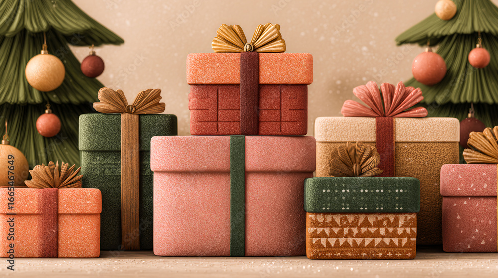 Poster a stack of presents with a christmas tree in the background. the presents are all different colors a