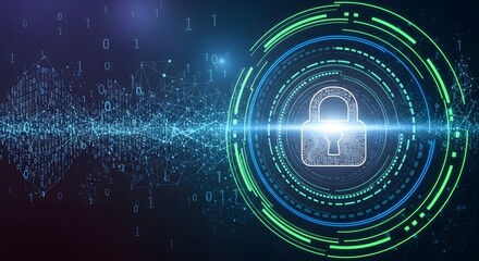 Digital padlock with glowing green and blue rings on a dark background