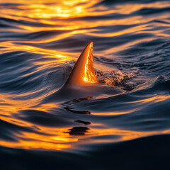 Fototapeta premium Shark’s fin cutting through the ocean’s surface at sunset, golden light reflecting off rippling waves, dramatic and breathtaking fine art marine photography, ultra-detailed realism 