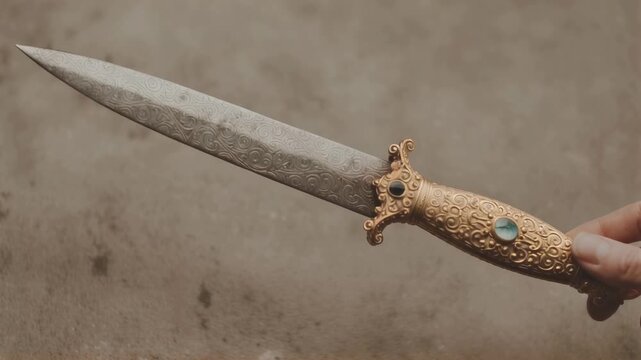 Ancient bronze dagger with ornate handle. Archaeological discovery of historical weapon. Antique ceremonial blade from excavation site. Artifact from lost civilization.