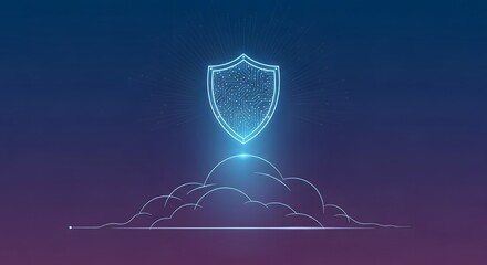 Glowing blue shield icon on clouds, representing digital security and protection